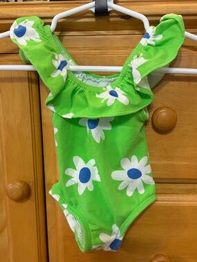 Kelly's Kids Bright Green Floral Print Bathing Suit with Ruffle Size 6 Months